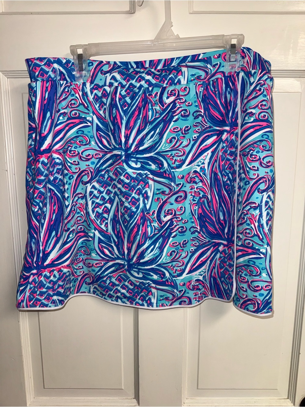 Lulu B colorful comfy clothing Women’s Printed Skort – Bright Blue/Pink Tropical